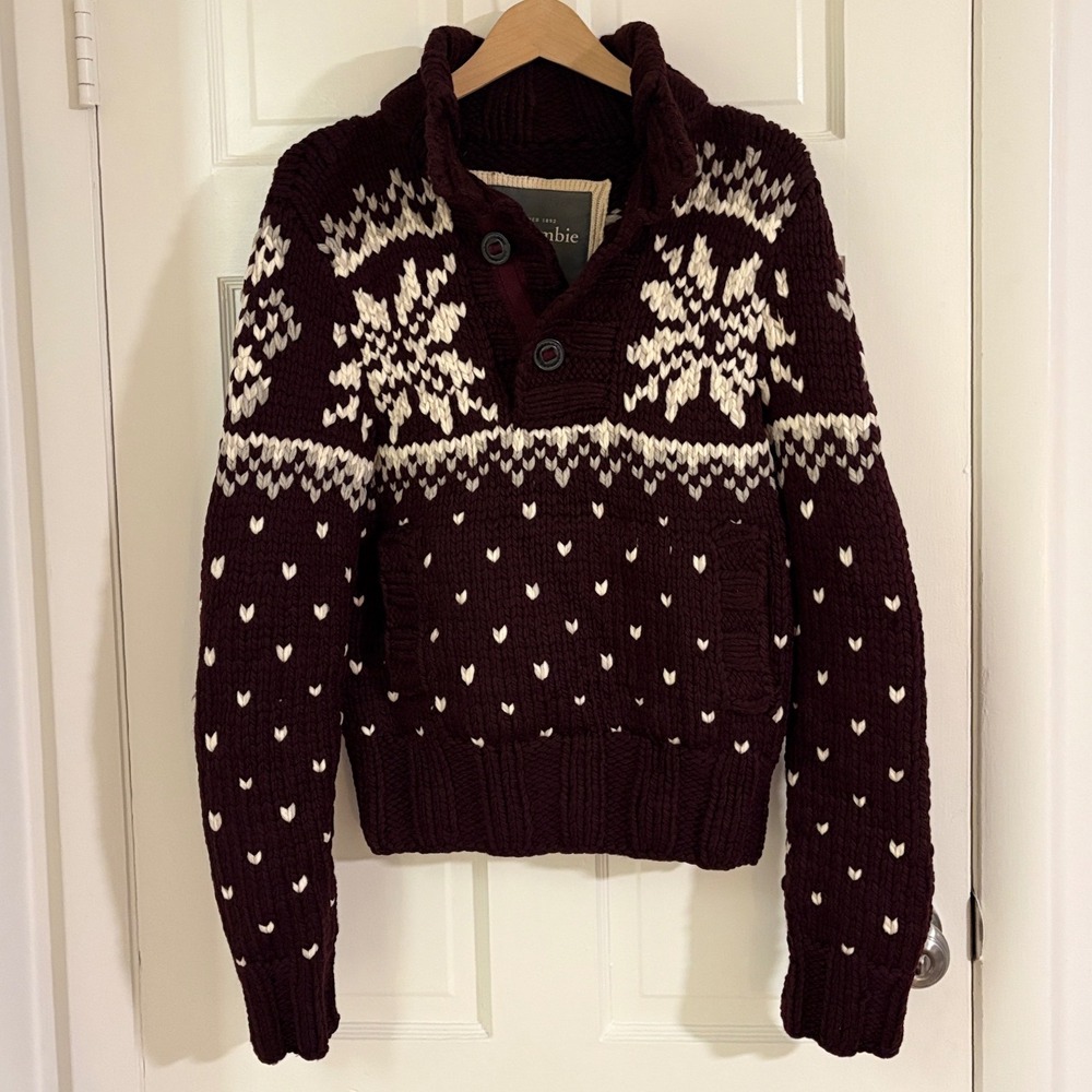 Abercrombie & Fitch Vintage Hand Knit Sweater Small Burgundy Fair Isle maroon
